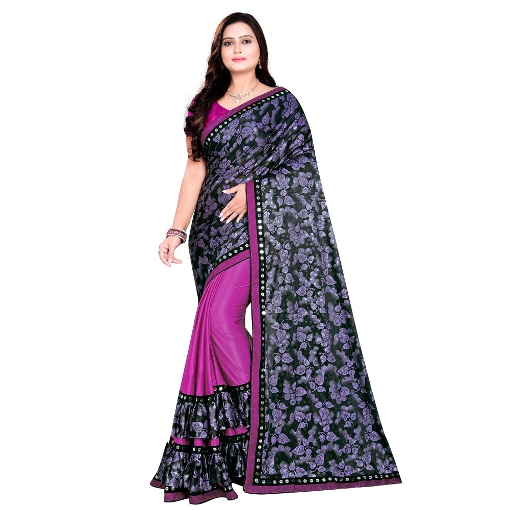 Women's Lycra Blend Floral Print Saree with Blouse – Purple
