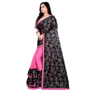 Women's Lycra Blend Floral Print Saree with Blouse – Pink