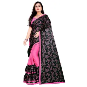 Women's Lycra Blend Floral Print Saree with Blouse – Pink