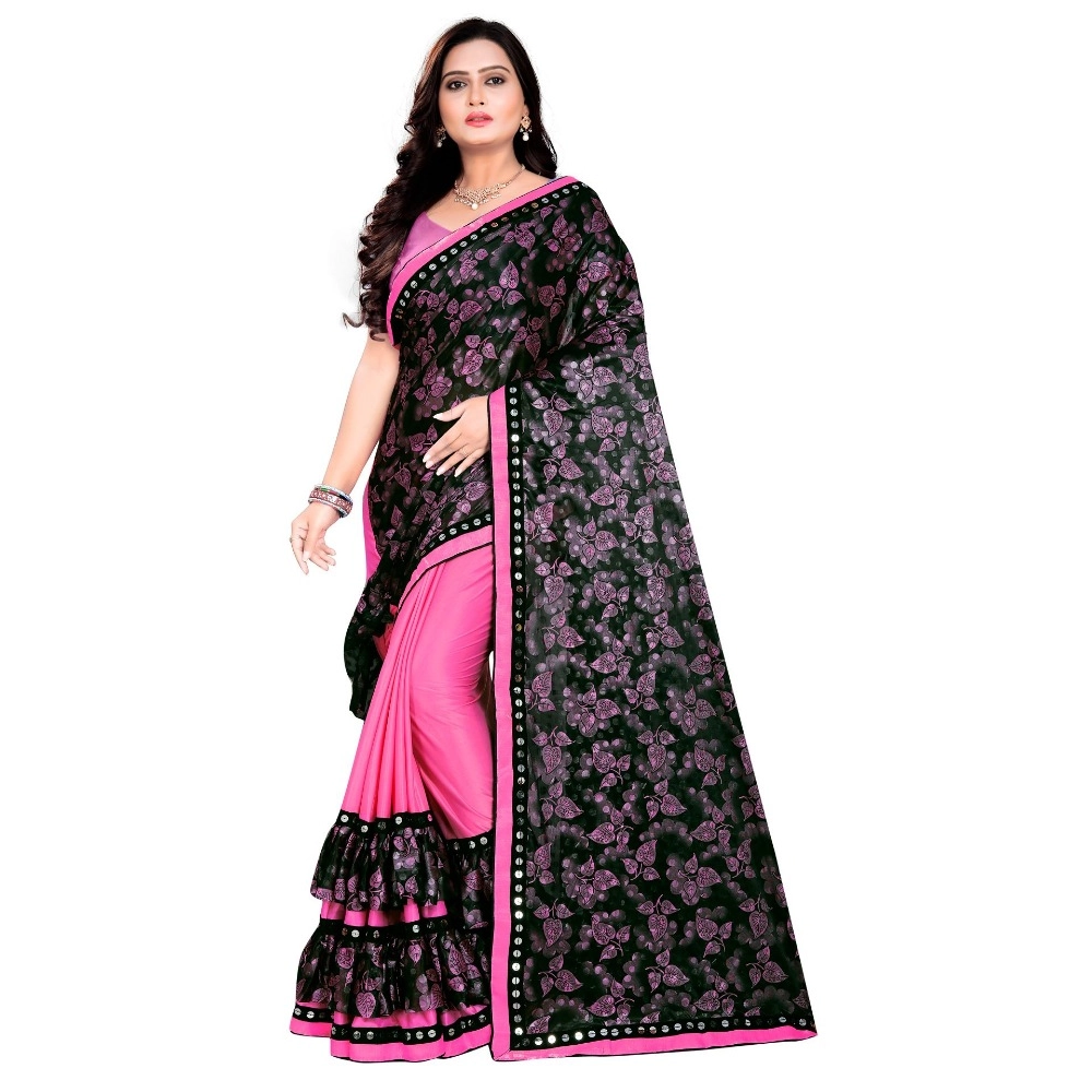 Women's Lycra Blend Floral Print Saree with Blouse – Pink
