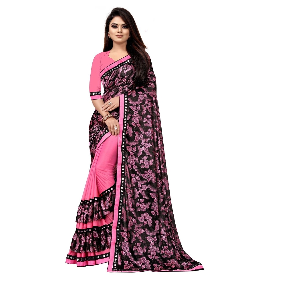 Women's Lycra Blend Floral Print Saree with Blouse – Pink