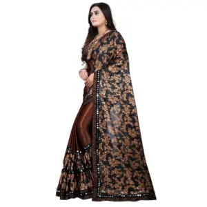 Women's Lycra Blend Floral Print Saree with Blouse – Coffee