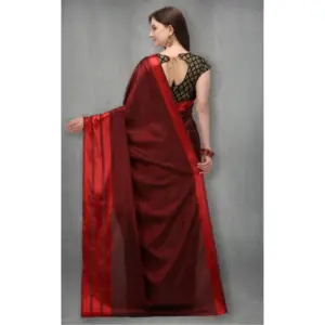 Women's Satin Silk Striped Saree with Blouse – Red