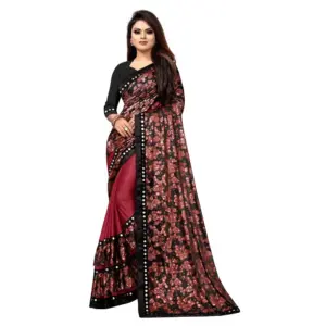Women's Lycra Blend Floral Print Saree with Blouse – Red