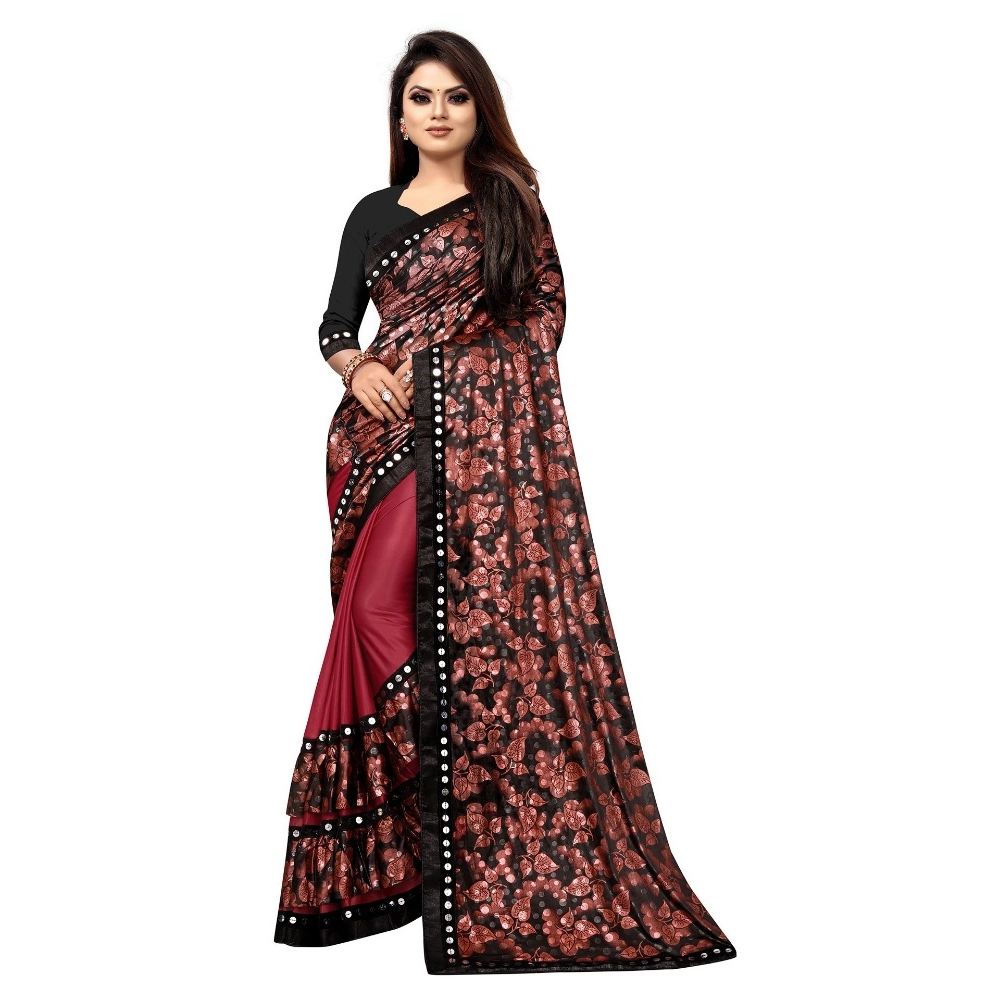 Women's Lycra Blend Floral Print Saree with Blouse – Red