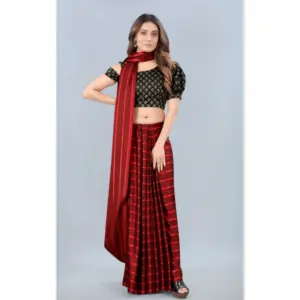 Women's Satin Silk Striped Saree with Blouse – Red