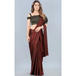 Women's Satin Silk Striped Saree with Blouse – Orange