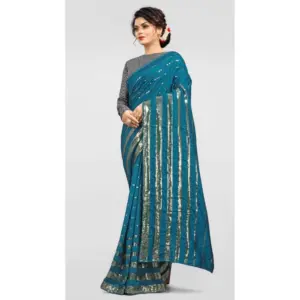 Women's Vichitra Sequence Work Saree with Blouse – Rama