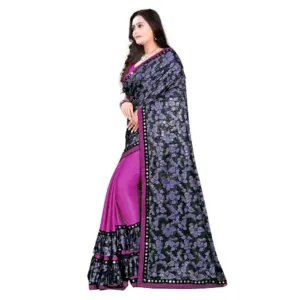 Women's Lycra Blend Floral Print Saree with Blouse – Purple
