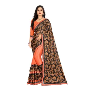 Women's Lycra Blend Floral Print Saree with Blouse – Orange