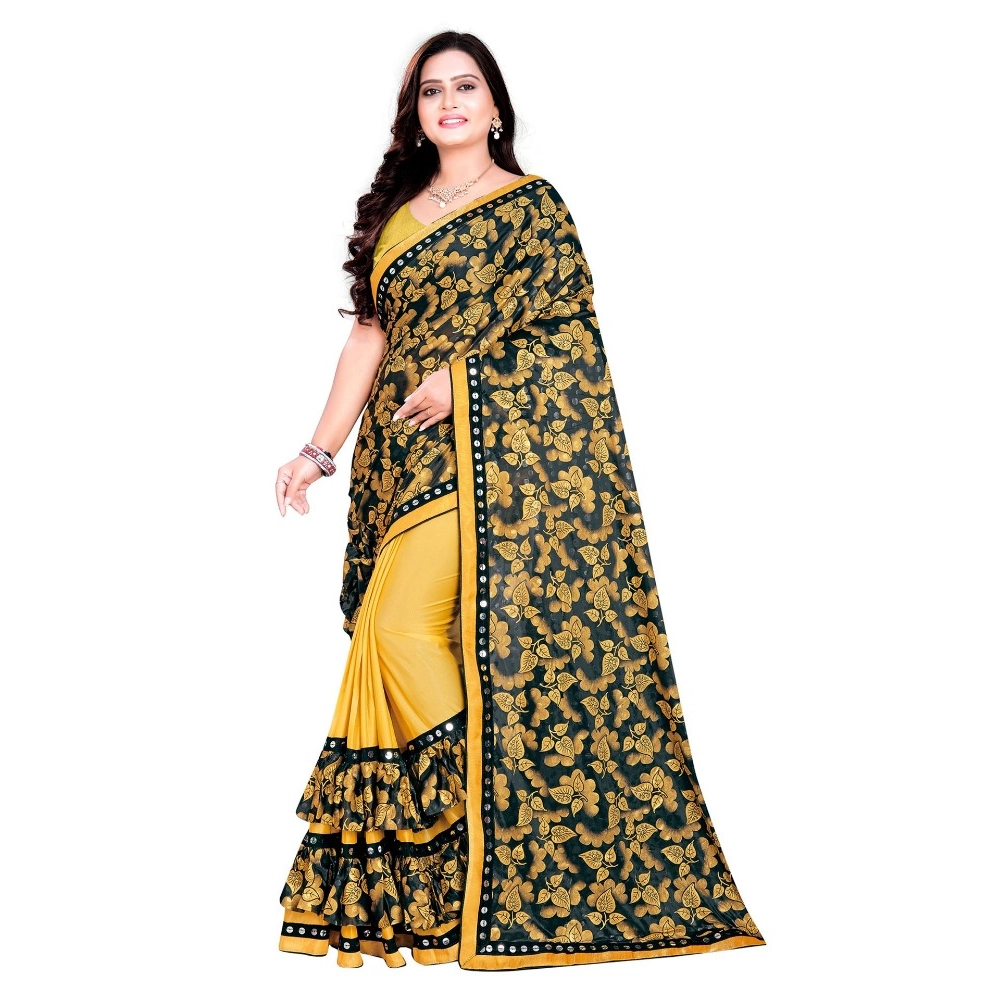 Women's Lycra Blend Floral Print Saree with Blouse – Mustard