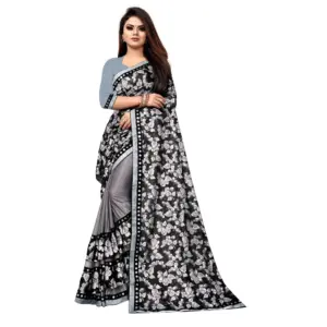 Women's Lycra Blend Floral Print Saree with Blouse – Grey