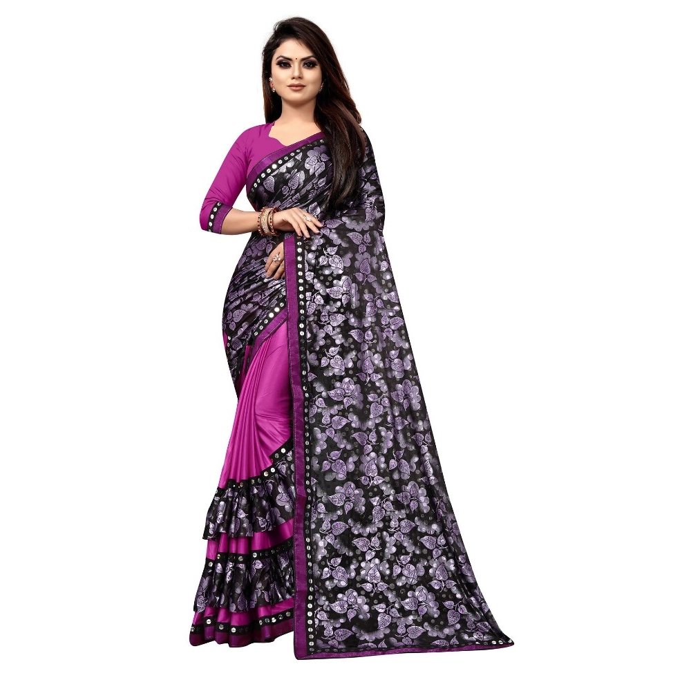 Women's Lycra Blend Floral Print Saree with Blouse – Purple