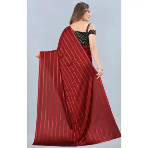 Women's Satin Silk Striped Saree with Blouse – Red