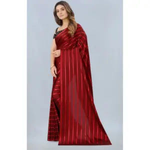 Women's Satin Silk Striped Saree with Blouse – Red