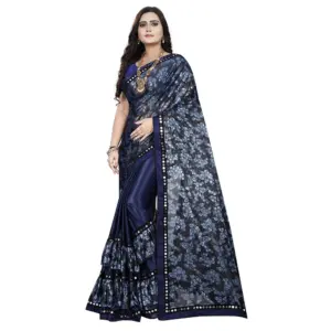 Women's Lycra Blend Floral Print Saree with Blouse – Blue