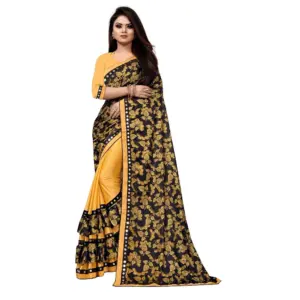 Women's Lycra Blend Floral Print Saree with Blouse – Mustard