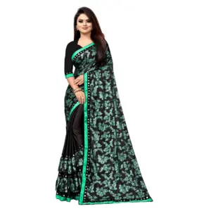 Women's Lycra Blend Floral Print Saree with Blouse – Green