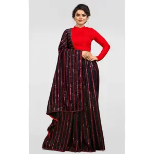 Women's Vichitra Sequence Work Saree with Blouse – Red