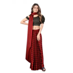 Women's Satin Silk Striped Saree with Blouse – Red