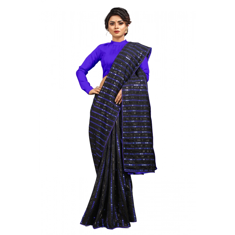 Women's Vichitra Sequence Work Saree with Blouse – Blue