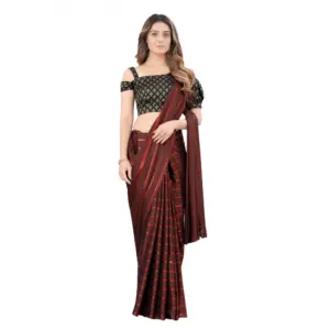 Women's Satin Silk Striped Saree with Blouse – Orange