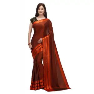 Women's Satin Silk Striped Saree with Blouse – Orange