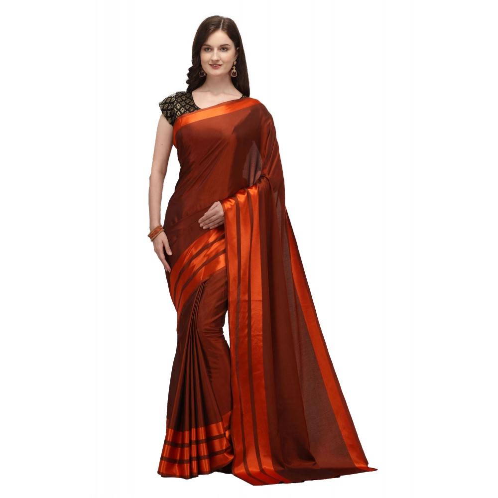 Women's Satin Silk Striped Saree with Blouse – Orange