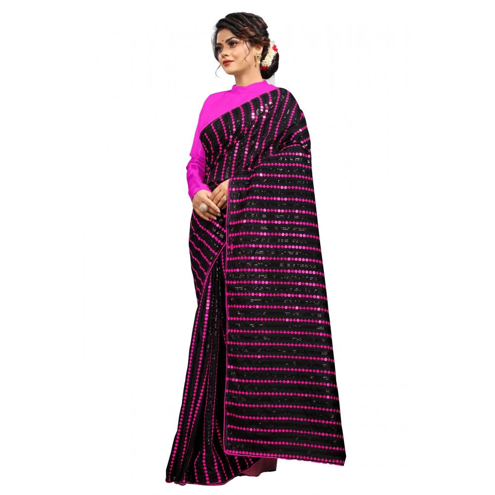 Women's Vichitra Sequence Work Saree with Blouse – Pink