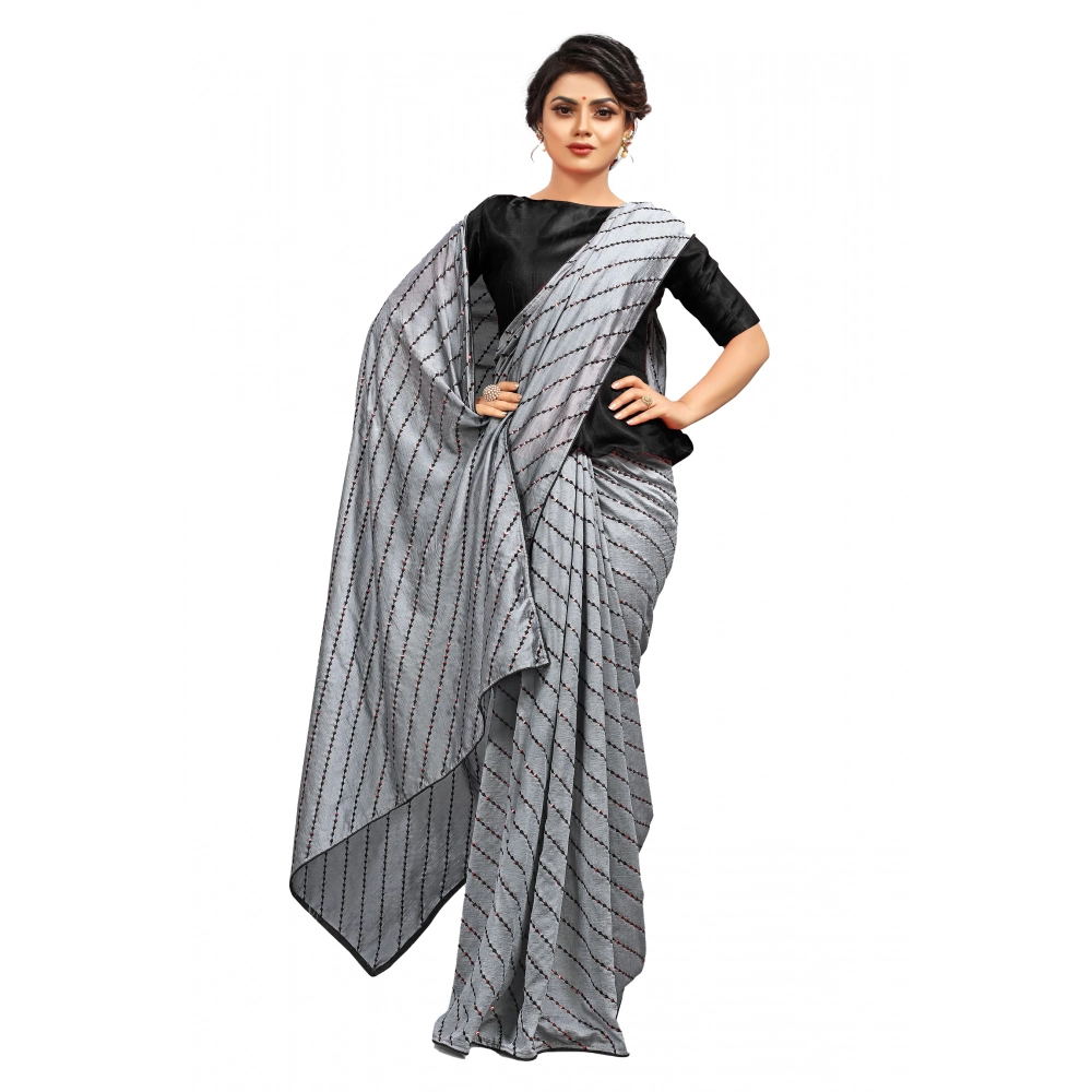 Women's Vichitra Sequence Work Saree with Blouse – Grey