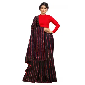 Women's Vichitra Sequence Work Saree with Blouse – Red