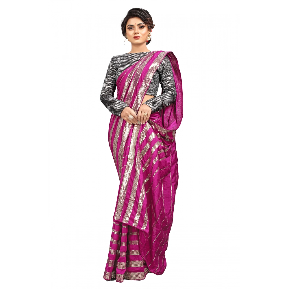Women's Vichitra Sequence Work Saree with Blouse – Pink