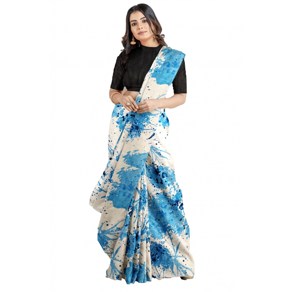 Women's Joya Silk Printed Saree with Blouse – Sky