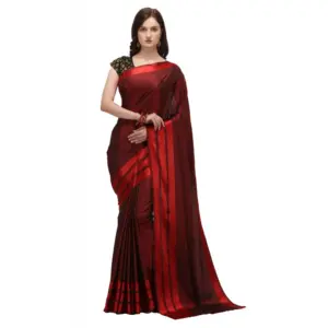 Women's Satin Silk Striped Saree with Blouse – Red