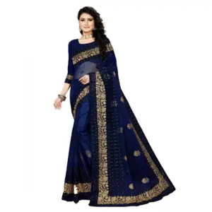 Women's Net Embroidered Saree with Blouse – Navy Blue
