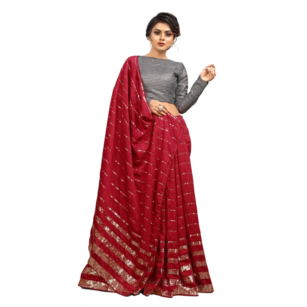 Women's Vichitra Sequence Work Saree with Blouse – Red