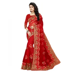 Women's Net Embroidered Saree with Blouse – Red
