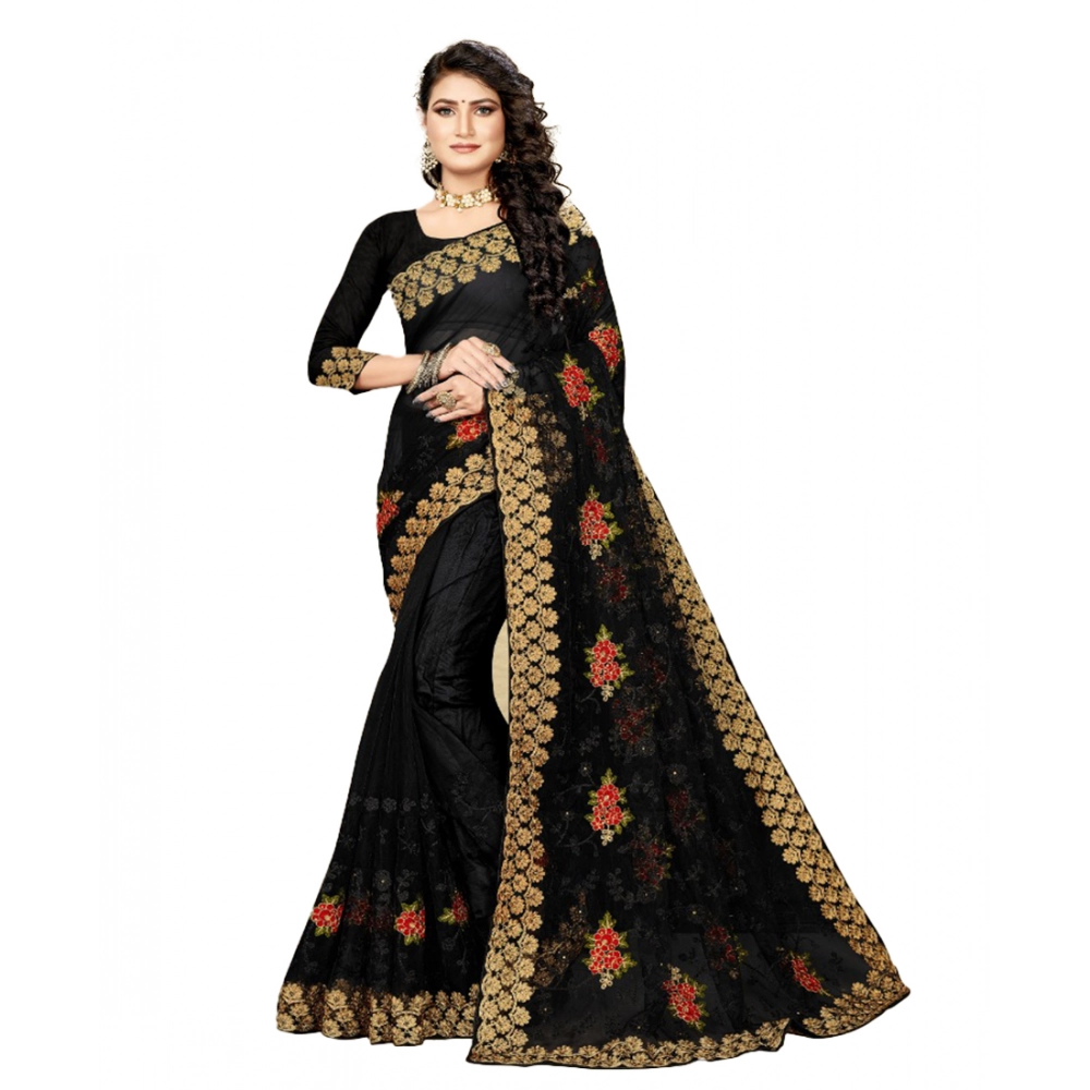 Women's Net Embroidered Saree with Blouse – Black
