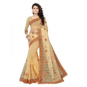 Women's Net Embroidered Saree with Blouse – Chiku