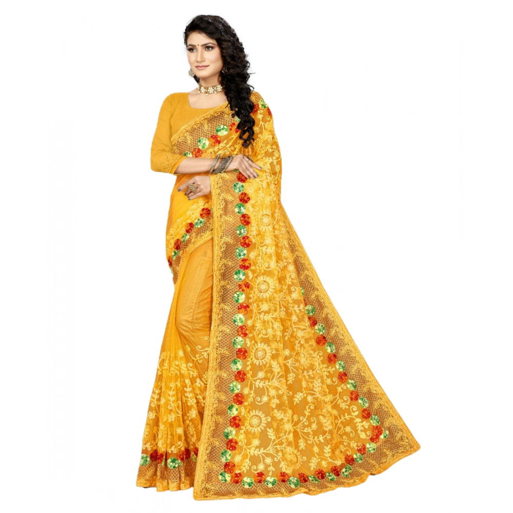 Women's Net Embroidered Saree with Blouse – Yellow