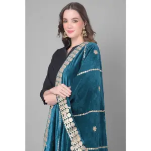 Generic Women's Velvet Gotta Patti Dupatta (Teal, Length: 2.25 to 2.50 Mtr)