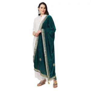 Generic Women's Velvet Gotta Patti Dupatta (Dark Green, Length: 2.25 to 2.50 Mtr)