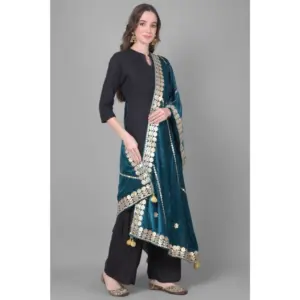 Generic Women's Velvet Gotta Patti Dupatta (Teal, Length: 2.25 to 2.50 Mtr)