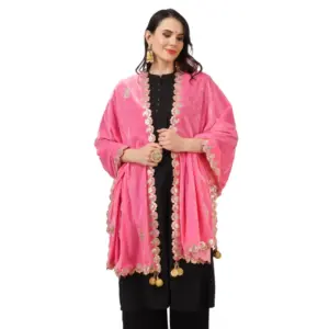 Generic Women's Velvet Gotta Patti Dupatta (Pink, Length: 2.25 to 2.50 Mtr)