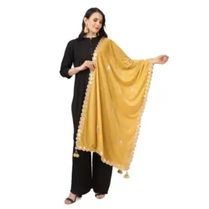 Generic Women's Velvet Gotta Patti Dupatta (Yellow, Length: 2.25 to 2.50 Mtr)