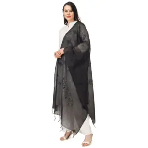 Generic Women's Cotton Embroidered Dupatta (Black, Length: 2.25 to 2.50 Mtr)