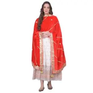 Generic Women's Velvet Gotta Patti Dupatta (Red, Length: 2.25 to 2.50 Mtr)