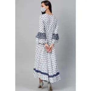Generic Women's Casual Bell Sleeve Floral Printed Rayon Dress (White & Blue)
