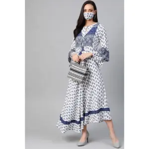 Generic Women's Casual Bell Sleeve Floral Printed Rayon Dress (White & Blue)