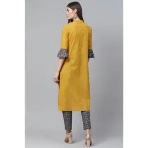 Generic Women's Casual Bell Sleeves Geomatrical Printed Cotton Kurti Set (Yellow)